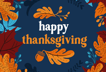 Happy thanksgiving day background with lettering and illustrations. - obrazy, fototapety, plakaty