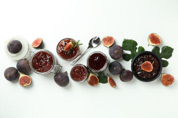 Concept of tasty food with fig jam on white background
