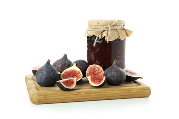 Board with fig jam and ingredients isolated on white background