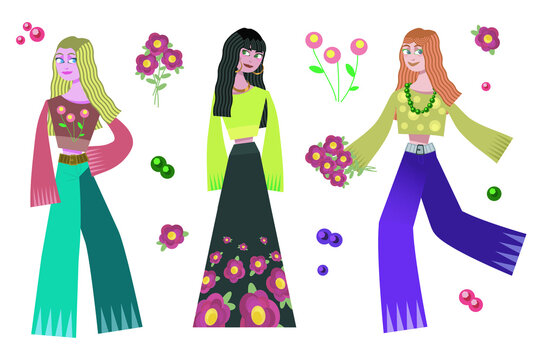 Three girls blonde, brunette and redhead in hippie outfits with flowers isolated vector on white background