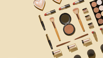 Modern pattern with different makeup cosmetics products on pastel background. Minimal composition. Flat lay.
