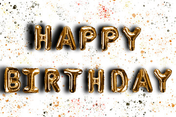 HAPPY BIRTHDAY made of golden inflatable balloons on a golden background
