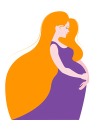 A pregnant woman of European appearance with long hair in profile. Vertical postcard template. Multicolored silhouette.