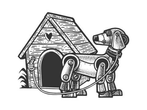 robot dog near the booth sketch engraving vector illustration. T-shirt apparel print design. Scratch board imitation. Black and white hand drawn image.