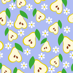 Materiał do szycia Pear with leaves and flowers on purple background. Summer fun fruit seamless pattern. Cartoon style.