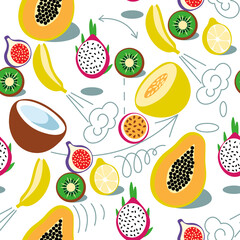Materiał do szycia Summer seamless pattern. Abstract funny tropic fruit banana, papaya, kiwi, melon, fig, pitahaya, lemon, coconut on white background. Cartoon style.