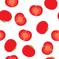 Whole and sliced red tomato. Vegetable organic background. Seamless pattern. Flat style.