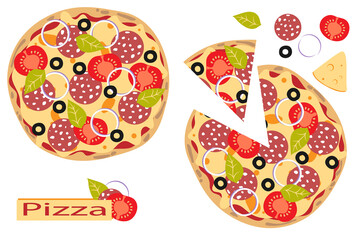Whole and sliced Pepperoni pizza with tomato, cheese, sausage pepperoni, basil, onion and olive. Italian food. Flat style.