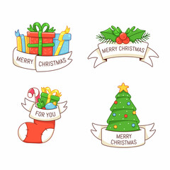 Christmas labels witch winter holiday symbols: presents, pine tree, holly branches, festive sock. Gift tag with ribbon and title. Bright cartoon style