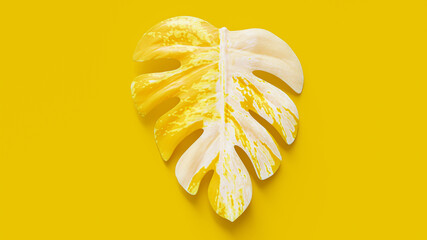 Yellow monstera leaf spotted pattern on yellow background. Minimal idea concept, 3D Render.