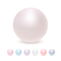Pearl Set isolated on White Background. Spherical Beautiful 3D Orb with Transparent Glares and Highlights. Jewel Gems.