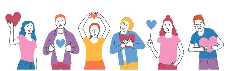 Set of happy people holding hearts.