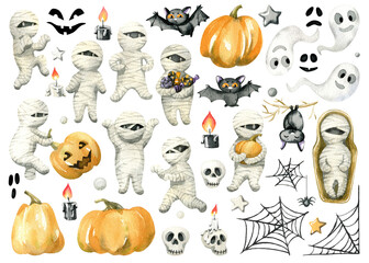 Watercolor set of Halloween characters. Cute mummy, Pumpkin, bat,  Ghost, spider, net and scull.