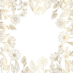 花で周りを装飾したデザインフレーム　線画ゴールド