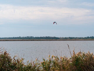 The athlete practices kite board surfing on blue sea waves. Autumn kiteboarding. Fall ocean fun. Extreme sport kitesurfing. Windy weather on the beach.