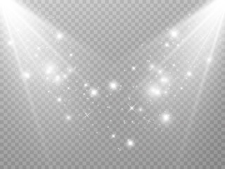 White sparks and golden stars glitter special light effect. Vector sparkles on transparent background. Christmas abstract pattern. Sparkling magic dust particles