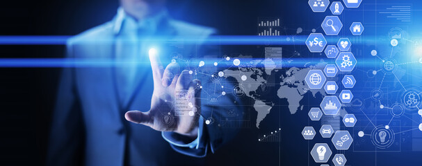 Business intelligence, Data analysis dashboard with icons charts and diagram on virtual screen.
