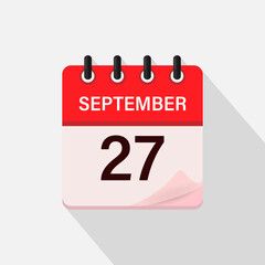 September 27, Calendar icon with shadow. Day, month. Flat vector illustration.