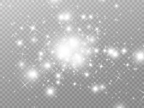 White sparks and golden stars glitter special light effect. Vector sparkles on transparent background. Christmas abstract pattern. Sparkling magic dust particles