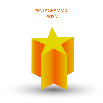 Golden pentagrammic prism with gradients and shadow for game, icon, package design, logo, mobile, ui, web, education. 3D prism on a white background. Pentagram illustration. Achievement mark.