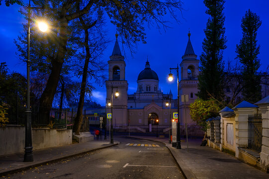 Night cozy street and St. John the Precursor convent in Moscow, Russia. Architecture and landmarks of Moscow. Cityscape of Moscow