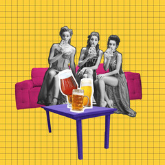 Contemporary art collage with young girls meeting together and drinking light frothy beer. Concept...
