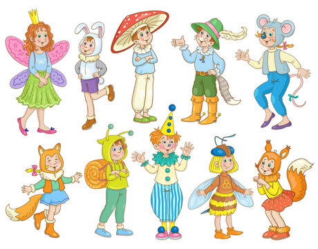 Children in carnival costumes. Honey bee, clown, butterfly, snail, mouse, squirrel, puss in boots, bunny, fox, mushroom. For a school party. In cartoon style. Isolated on white. Vector illustration