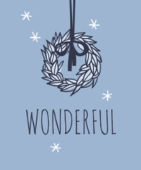 Hand drawn Christmas wreath on blue background. Creative ink art work. Actual vector doodle drawing decorations and text