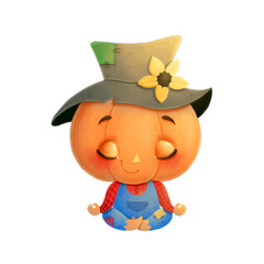 Illustration of cute cartoon pumpkin scarecrow meditation. Halloween yoga
