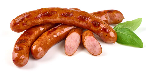 Grilled pork sausages, grill sausages, isolated on white background.