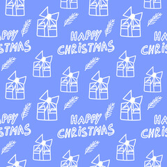 Vector Christmas Seamless Pattern with white line on Cosmic Iric background doodle style.Holiday,Winter print  hand drawn.Designs for wrapping paper,fabric,scrapbook paper,textiles,packaging,wallpaper