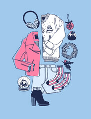 Hand drawn Christmas illustration. Creative ink art work. Actual cozy vector drawing. Winter set of Holidays things, accessories, decoration, food, drinks, wear