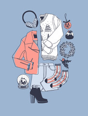 Hand drawn Christmas illustration. Creative ink art work. Actual cozy vector drawing. Winter set of Holidays things, accessories, decoration, food, drinks, wear