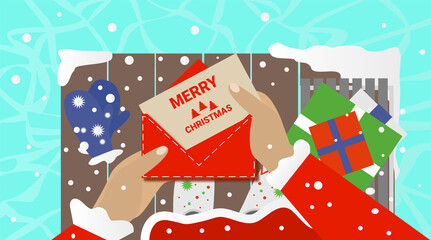 Santa holding Christmas greeting card vector illustration. Festive banner. Present boxes, Ice holiday poster.