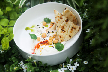 Traditional labne cheese with chickpea and pita bread