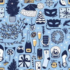 Hand drawn seamless pattern with Christmas objects.Vector Celebration Illustration. Creative artwork. Cozy Winter set of decoration. Doodle Holidays background.