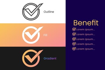 Isolated vector right sign checklist symbol, in different types of designs namely outline, fill, and gradient. Suitable for any kind of list such as, presentation, advertising business signs.CheckMark