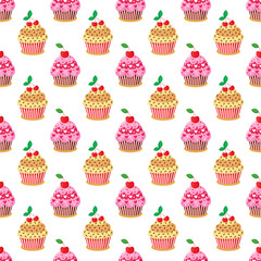 Colorful seamless pattern with sweet delicious cupcakes. Vector illustration