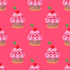 Colorful seamless pattern with sweet delicious cupcakes. Vector illustration