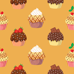 Colorful seamless pattern with sweet delicious cupcakes. Vector illustration