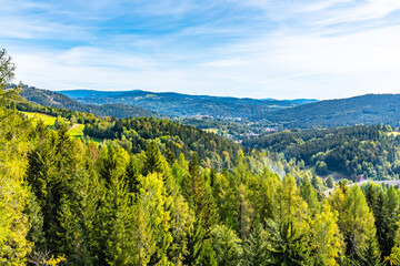 Aerial panoramic view of Tanvald and Smrzovka in Jizera Mountains, Czech Republic