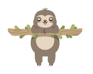 Cute sloth hanging on a branch clipart vector illustration