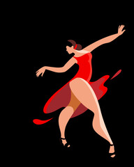 Fototapeta na wymiar Elegant woman in a red dress dancing a Latin American dance on a black background. Vector vertical banner or poster template.