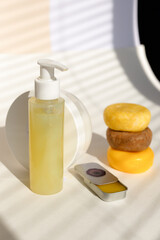 Bottle of natural skincare gel, eco soaps and balms for skin and whole body.