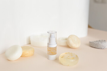 Eco products for body, spray bottle with lotion and eco soaps.