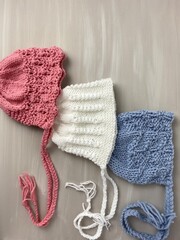hand knit newborn baby bonnets 