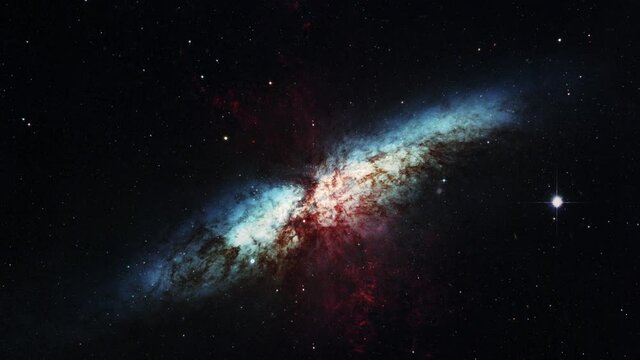 Space Flight outer space exploration travel to The Small Magnificent starburst galaxy messier 82 Cloud. 4K 3D loop space exploration to he Small Magnificent starburst galaxy M82 . Furnished by NASA im