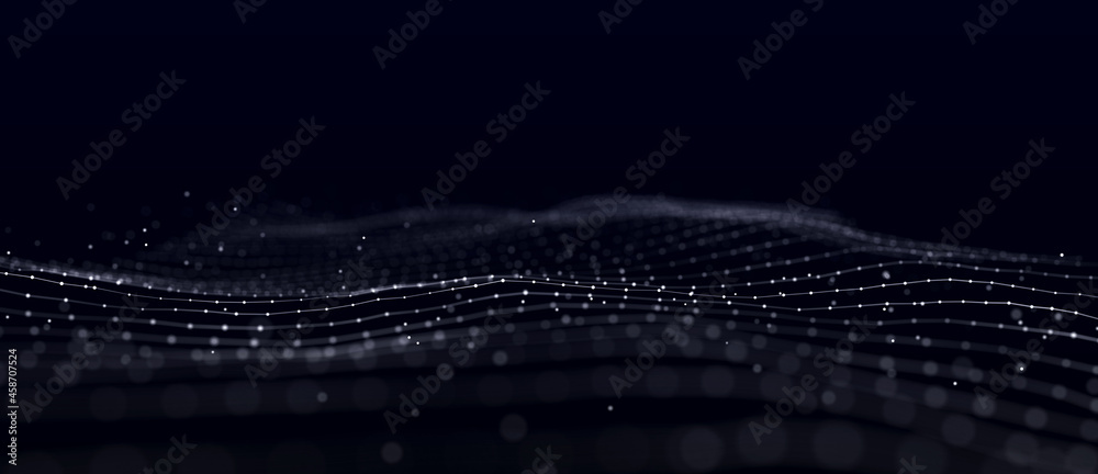 Fototapete futuristic blue wave with intertwined lines and dots. lots of data. musical flow of sounds. 3d rende