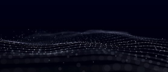 Futuristic blue wave with intertwined lines and dots. Lots of data. Musical flow of sounds. 3D rendering.