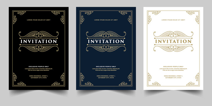 Black white and gold Vintage royal and luxury set of invitation card for wedding anniversary birthday party celebration floral swirl ornamental decorative vector printable template  